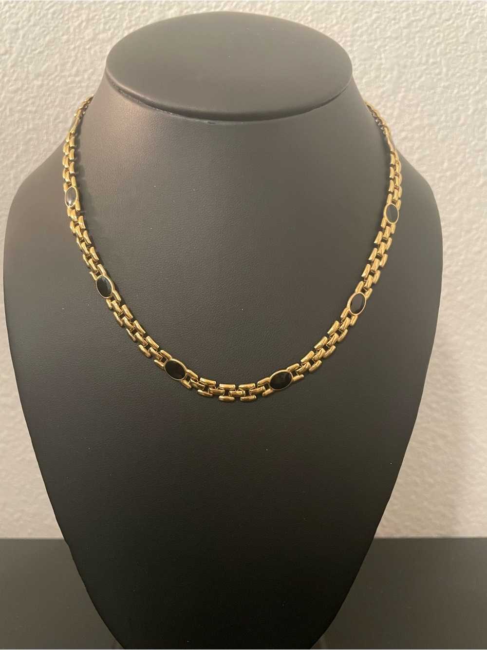 Vintage 90s Gold Panther Link Choker Necklace Black Enamel